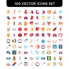 Set of 100 Vector icons such as Molar crown, Skull, Finger, Syringe, Teeth, Plaste foot, Braces, Pill,