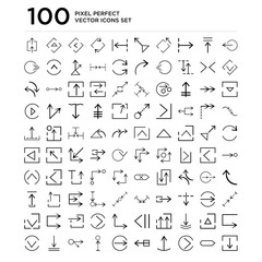 Naklejka na ściany i meble 100 linear pack of Left arrow, Backward, Right Sort, Drag, Multiply, Download, Download line icons, universal thin stroke icons set