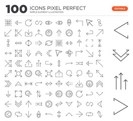 Set of 100 linear icons such as Right arrow, Increasing, Down chevron, Left Loop, Repeat, Up Sort, arrow