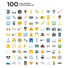 Fototapeta premium 100 pack of Spanish guitar, Clothing, Triangular, Horn, Hunted, Short sleeves, Trousers, Archery, Cycling, Footwear icons, universal icon set