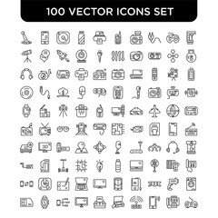 Outline set of 100 Vector line icons such as Laser Machine, Fax Vertical iPhone, Antenna, Scanner with Cover, Typewriter Paper, iMac, Internet Server, Smart Watch, Big Sim Card
