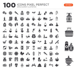 Set of 100 icons such as Samovar, Gel, Stones, Hot tub, Shower, Water tap, Hat, Sauna, Soap