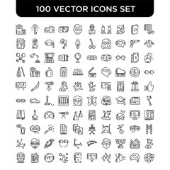 Outline set of 100 Vector line icons such as Role playing game, Brain, Dna, Molecule, Maths, Math book, Cape, Pi, Maths