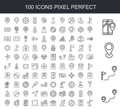 100 line icon set. Trendy thin and simple icons such as Route, Placeholder, Smartphone, Flag, Location, Compass, Satellite dish, House, Map