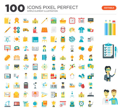 100 Set of icons such as Friends, Teacher, Checklist, Pencils, Chalkboard, Alarm clock, Backpack, Timetable, Trophy, Books