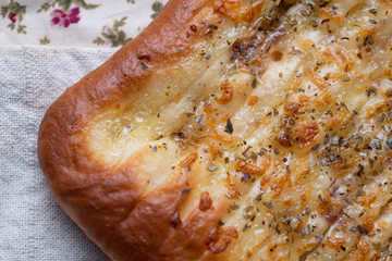 Close-up view of a cheese flat bread