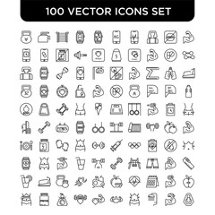 Outline set of 100 Vector line icons such as Muscle, Shower, Abs, Exercise, Nutrition, Proteins, Body