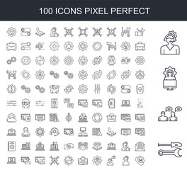 100 line icon set. Trendy thin and simple icons such as Settings, Conversation, On, Customer support, Repair, Technical Support, Guide, Settings