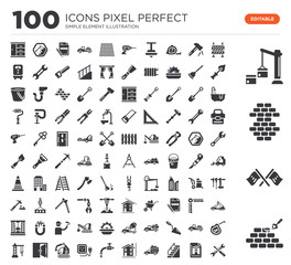 Set of 100 icons such as Constructing a Brick Wall, Flags Crossed, Derrick with Boxes, Road Barrier, House Plan, Stairs Handle, Garbage Truck, Stopcock - obrazy, fototapety, plakaty