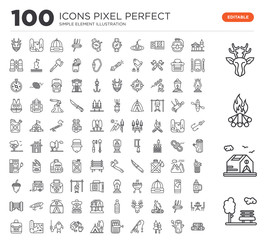 Set of 100 linear icons such as Park, Tent, Campfire, Deer, Cottage, Log, Trees, Fishing rod, Sardines, Tent