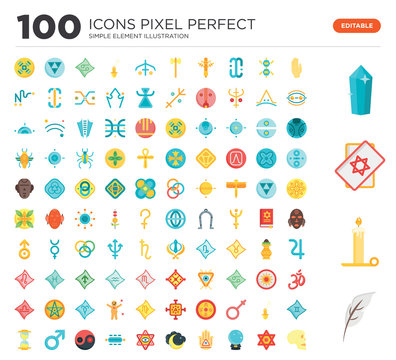100 Set of icons such as Quill, Candle, Tarot, Crystal, Palm, Esoteric, Crystal ball, Hand, Moon, Eye