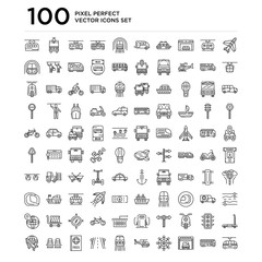 100 linear pack of Plane, Bus, Garage, Ship wheel, Helicopter, Train, Road, Passport, Seats, Travel line icons, universal thin stroke icons set