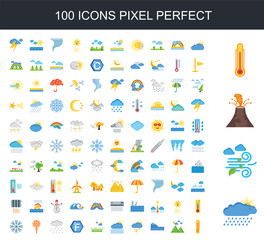 100 icon set. Trendy simple icons such as Rainy, Windy, Eruption, Temperature, Cloudy, Night, Wave, Stormy, Fog, Sunny