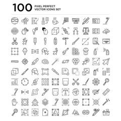 100 linear pack of Pen, Pencil, Opacity, Divide, Selection, Polygon, New file, Perspective, Expand, Zoom in line icons, universal thin stroke icons set
