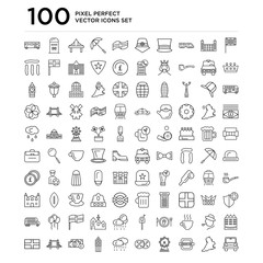 100 linear pack of Union jack, England, Tube, London eye, Cookie, Rainy, Big ben, Pound sterling, Tower bridge, England line icons, universal thin stroke icons set