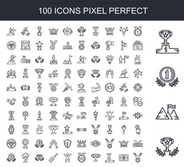 100 line icon set. Trendy thin and simple icons such as Winner, Flag, First, Trophy, Victory, Winning, Star, Winner