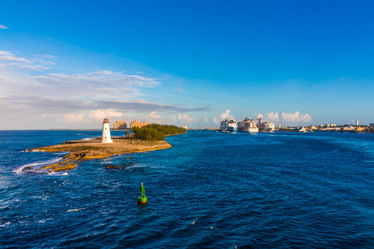 Bahamas Lighthouse with Cruise Ships