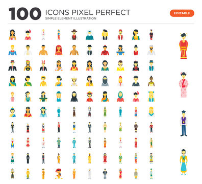 100 Set of icons such as Korean, Japanese, Chinese, Mexican man, Indian, Saudi, Thai