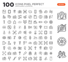 Set of 100 linear icons such as Rotate, Lens, No camera, Flash, Front Focus, Camera, Focus