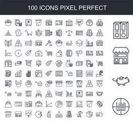 100 line icon set. Trendy thin and simple icons such as Barcode, Piggy bank, Store, Folder, Pie chart, Box, Coin, Stand, Price tag, tag
