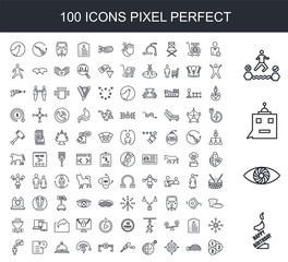 100 line icon set. Trendy thin and simple icons such as 1st birthday, hypnosis, , attempt, user, igloo, gyroscope, daylight savings, cricket bat, dead end