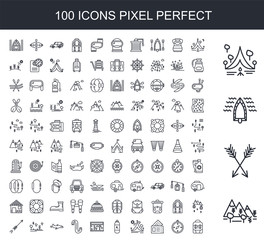 100 line icon set. Trendy thin and simple icons such as Forest, Arrow, Boat, Camping, Compass, Passport, Travel, Oxygen tank, Window
