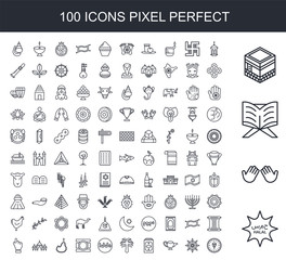 100 line icon set. Trendy thin and simple icons such as Halal, Dua Hands, Reading Quran, Kaaba Mecca, Islamic Lantern, Arabic Art, Genie Lamp, Holy Palm Tree with Date, Allah Word