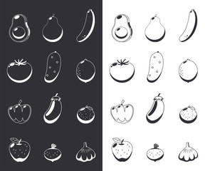 Seasonal vegetables and fruits vector cartoon set of linear icons isolated on black and white background.