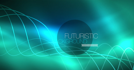 Glowing abstract wave on dark, shiny motion, Christmas and New Year magic space light. Techno abstract background
