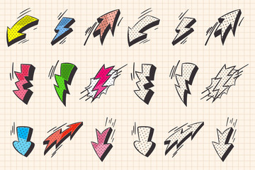 Fototapeta premium Arrow and lightning flash comic book and doodle style elements. Vector cartoon icons set isolated on a notebook page background.