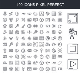 100 line icon set. Trendy thin and simple icons such as Play button, Rec, Video camera, Resolution, Auto, Flash, Pause, Full battery, Landscape
