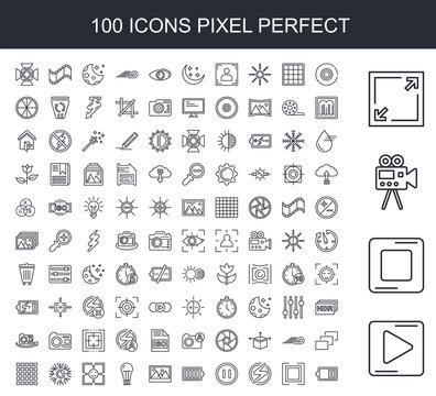 100 line icon set. Trendy thin and simple icons such as Play button, Rec, Video camera, Resolution, Auto, Flash, Pause, Full battery, Landscape