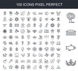 100 line icon set. Trendy thin and simple icons such as Sprout, Fish, Ocean, Tree, Watering, Flower, Leaf, Flower