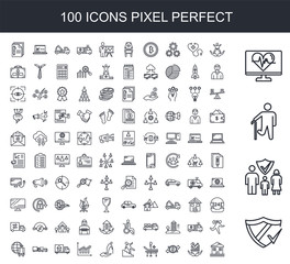 100 line icon set. Trendy thin and simple icons such as Shield, Insurance, Wounded, Heart rate, Baby, Finances, Transfer, Hospital bed, Accident, Elderly