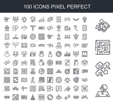 100 line icon set. Trendy thin and simple icons such as Board Games with Roles, Puzzle, Labyrinth, Set, Logic Games, Playing Cards, Dice, Table Tennis, Gaming, Chess
