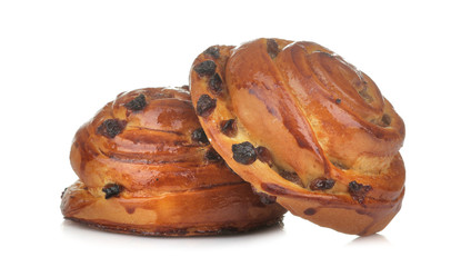 Tasty buns with raisins on a white isolated background. fresh bakery. close-up.