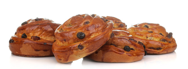 Tasty buns with raisins on a white isolated background. fresh bakery. close-up.