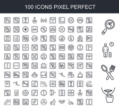 100 line icon set. Trendy thin and simple icons such as Silence, Restaurant, Waiting room, Lost items, No touch, phone, Wheelchair, Air conditioner, Garbage, Nuclear