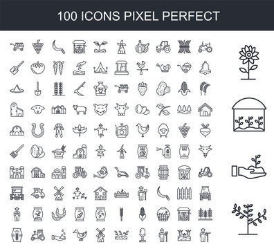 100 line icon set. Trendy thin and simple icons such as Plant, Sprout, house, Flower, Tractor, Carrots, Farmer, Egg, Windmill