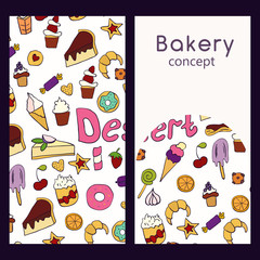 Obraz na płótnie Canvas Vector logo design template and seamless pattern in doodle style for packaging. Bakery concept. Vector illustration.