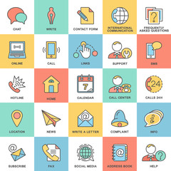 Icons contact us. Methods of communication with the contact center and information. The thin contour lines with color fills.