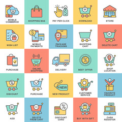 Icons for the site of the online store. The thin contour lines with color fills.