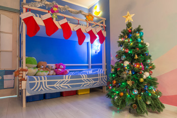 The interior of the children's room decorated in the New Year's style