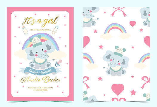 Pink blue birthday invitation with pacifier,bottle,milk ,cloth,heart and elephant