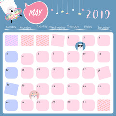 Cute monthly calendar 2019 with llama,rainbow and star for children.Can be used for web,banner,poster,label and printable