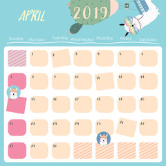 Cute monthly calendar 2019 with llama,rainbow and star for children.Can be used for web,banner,poster,label and printable