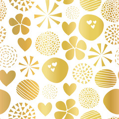 Gold foil abstract seamless vector pattern with flowers, dots, hearts on white background. Cute golden metallic foil feminine design for girl, women, digital paper, celebration, packaging, decor.