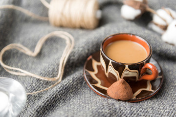 Cup, coffee with candy, rope heart, hot coffee,