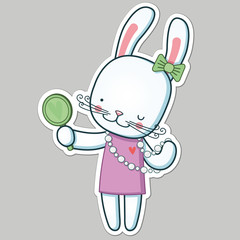 Princess hare in pink dress looks at herself in the mirror.