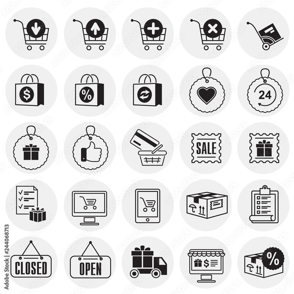 Poster online shopping icons set on circles background for graphic and web design, modern simple vector sig